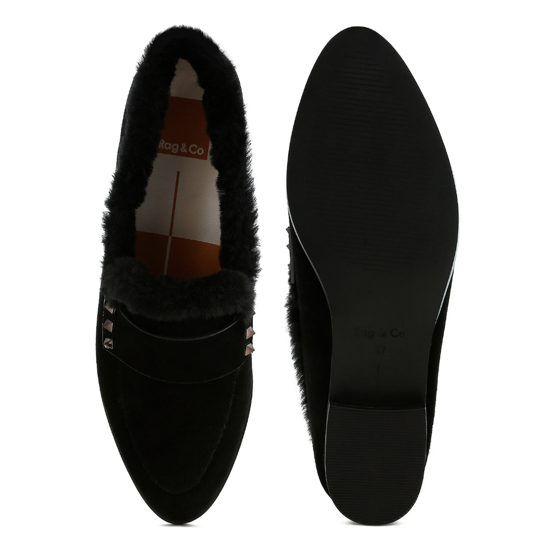 fur trim suede loafers#color_black