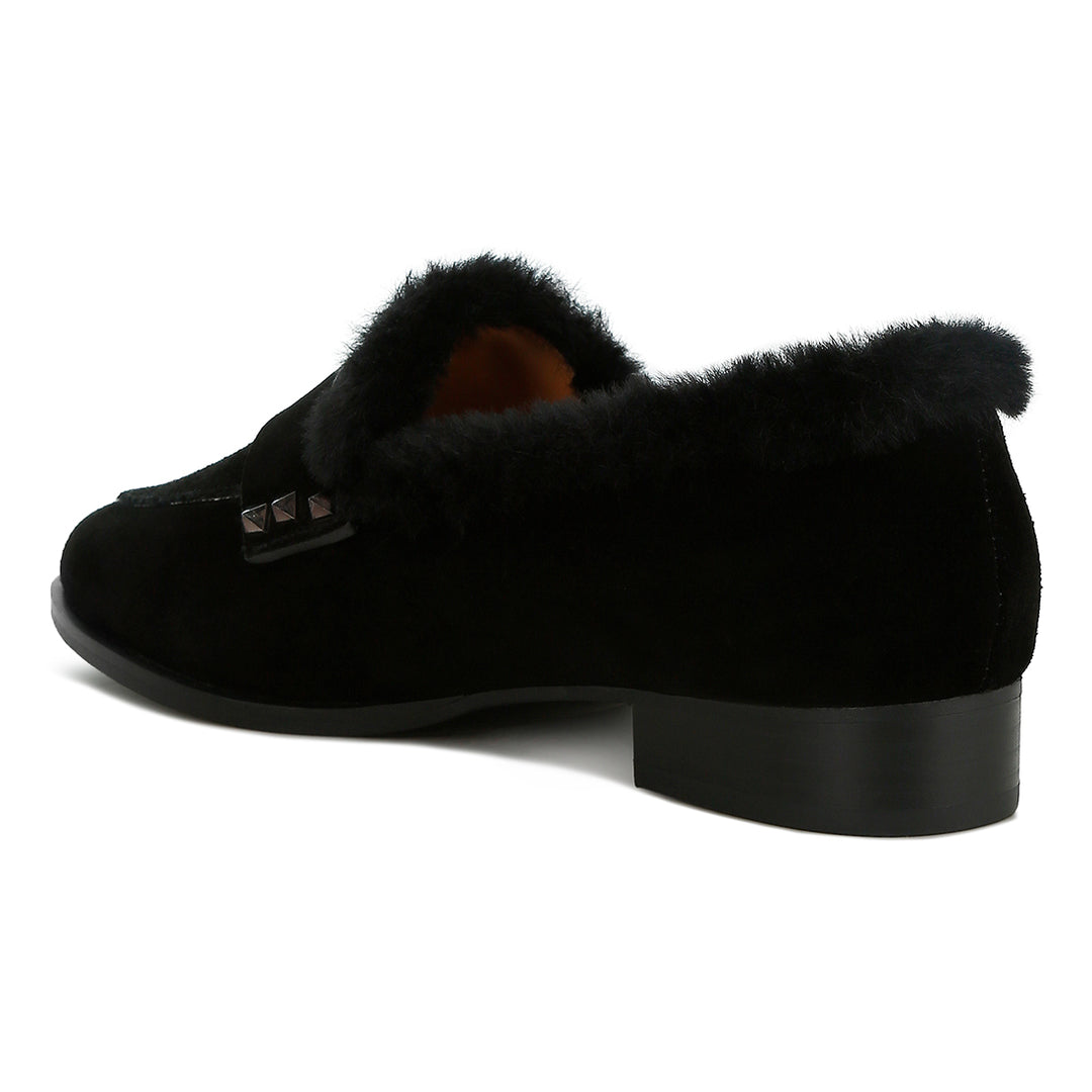 fur trim suede loafers#color_black