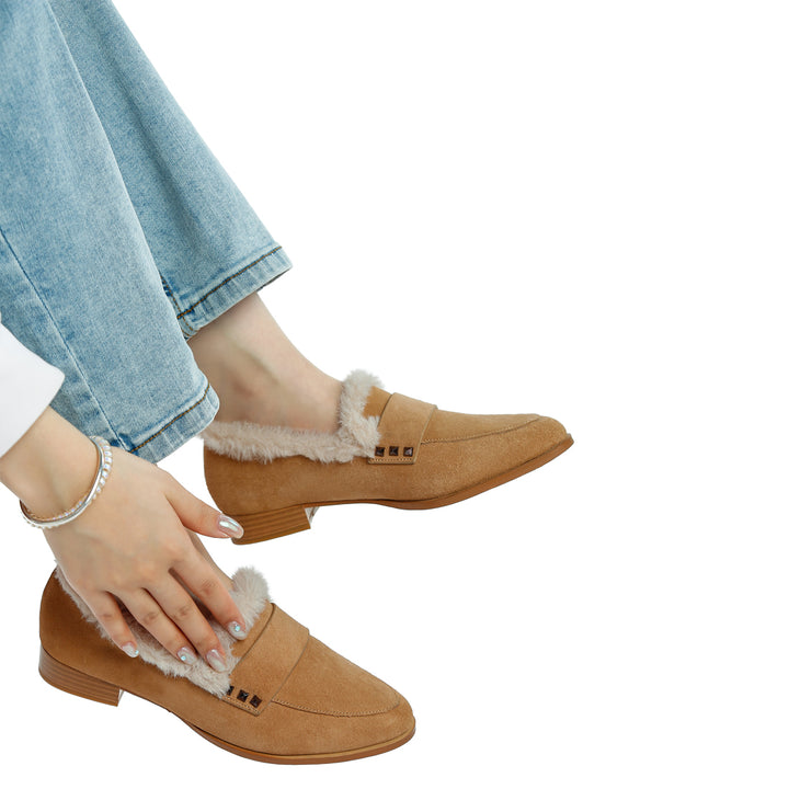 fur trim suede loafers#color_beige