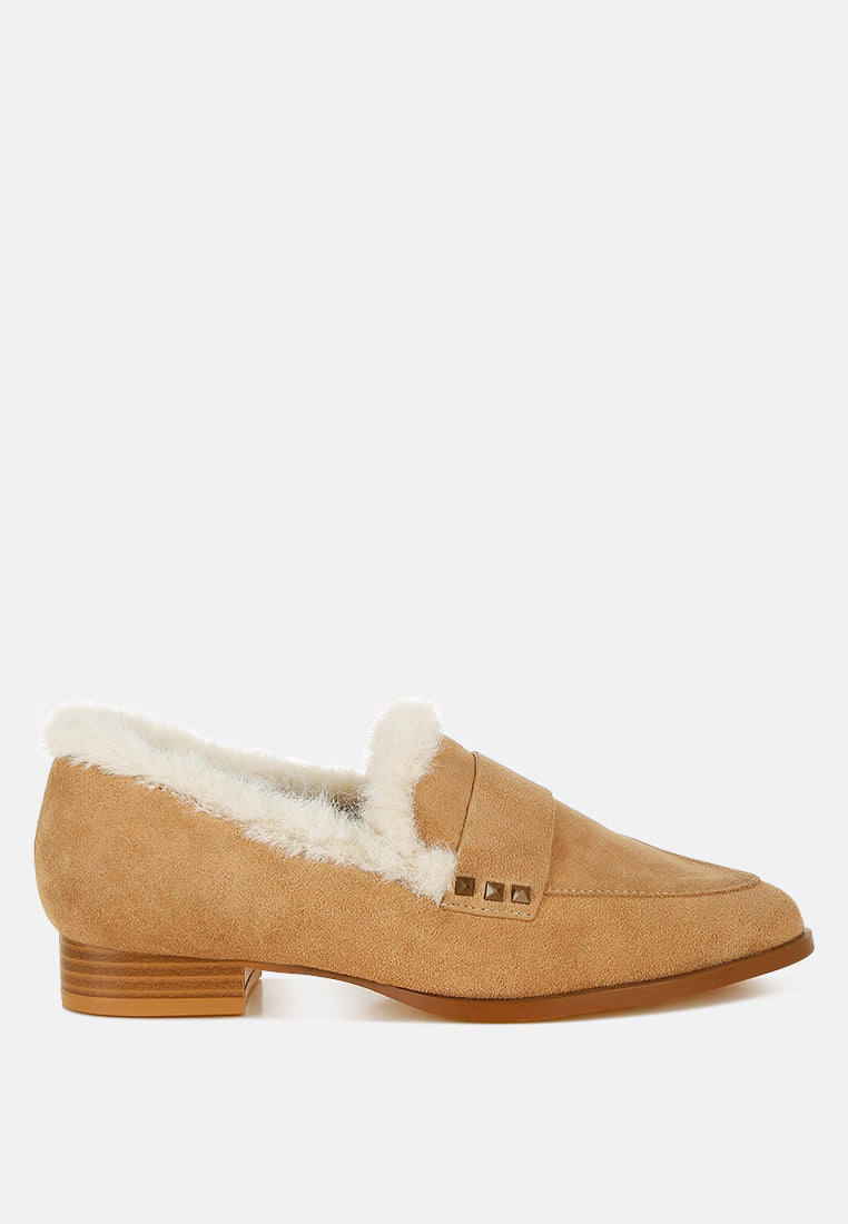 women fur trim suede loafers#color_beige
