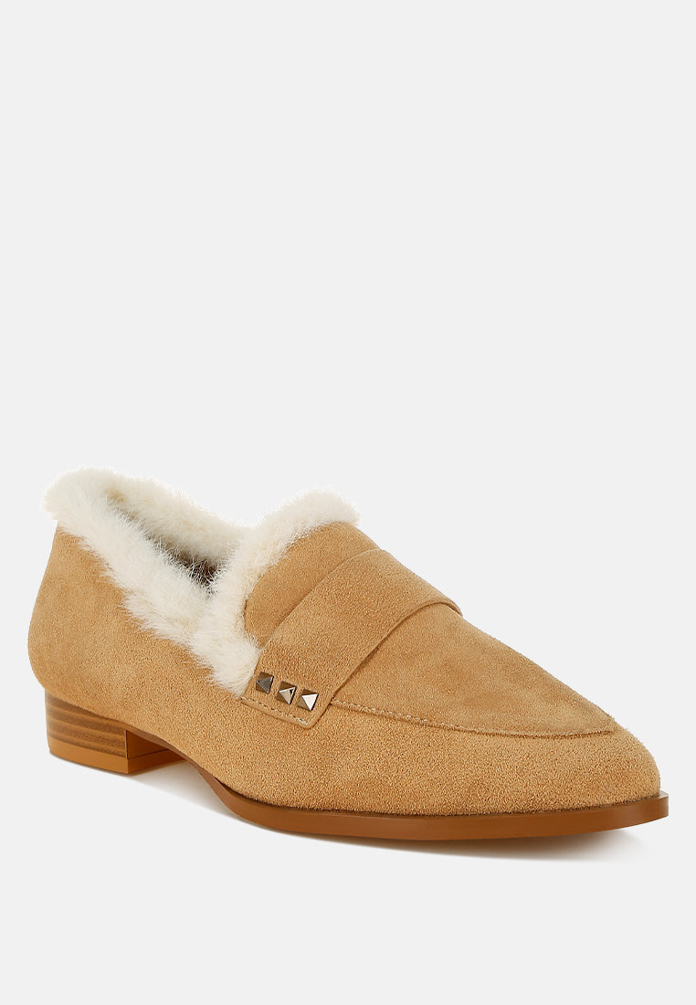 women fur trim suede loafers#color_beige