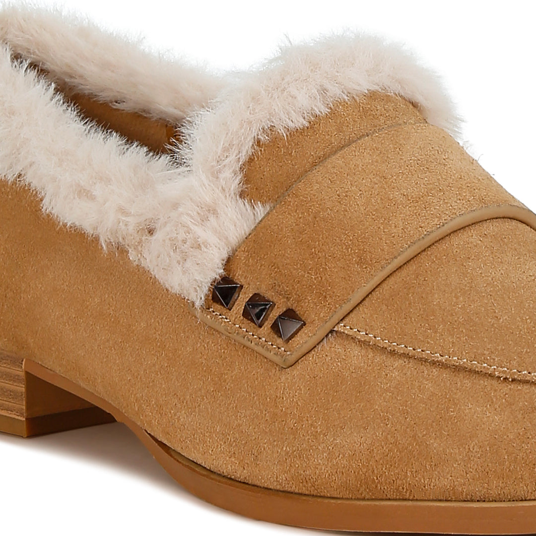 fur trim suede loafers#color_beige