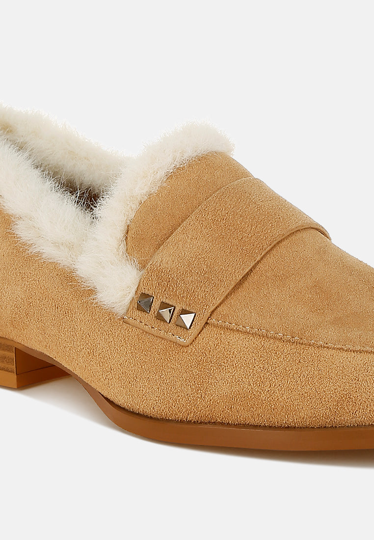 women fur trim suede loafers#color_beige