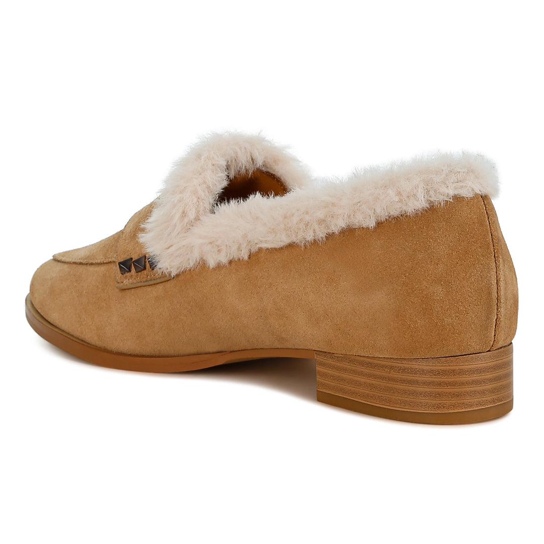 fur trim suede loafers#color_beige