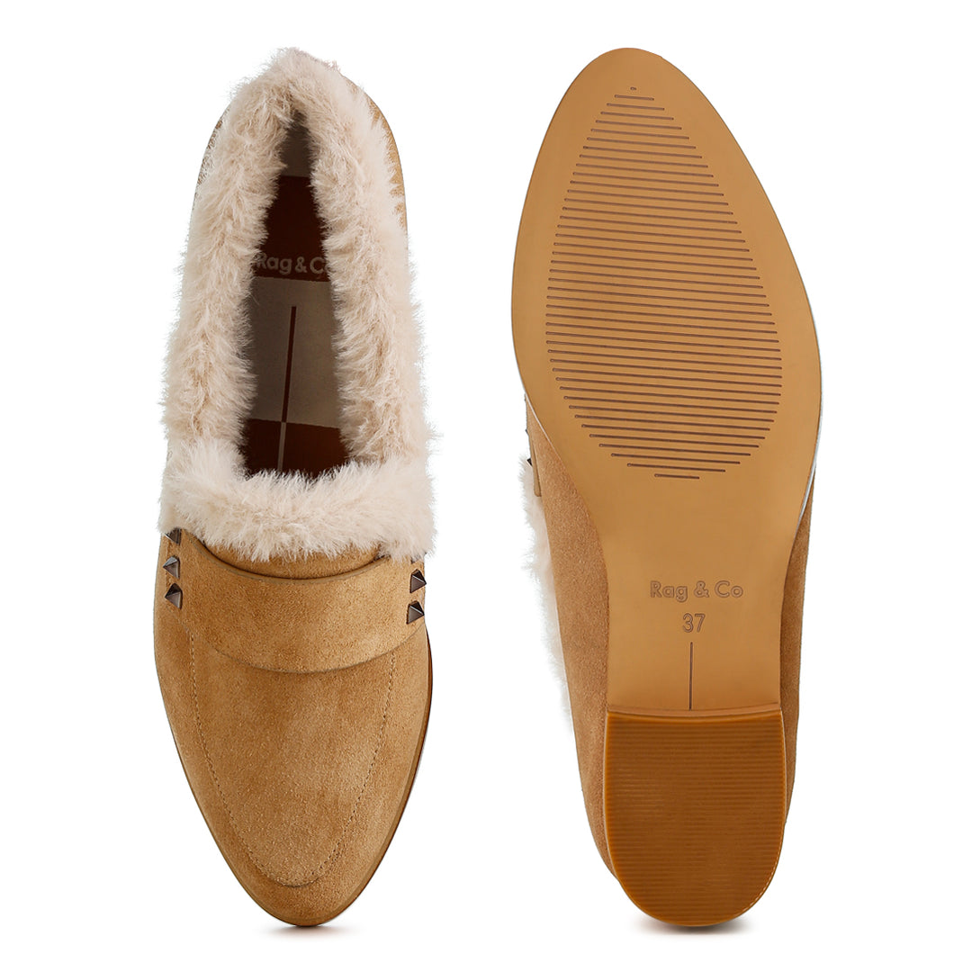 fur trim suede loafers#color_beige