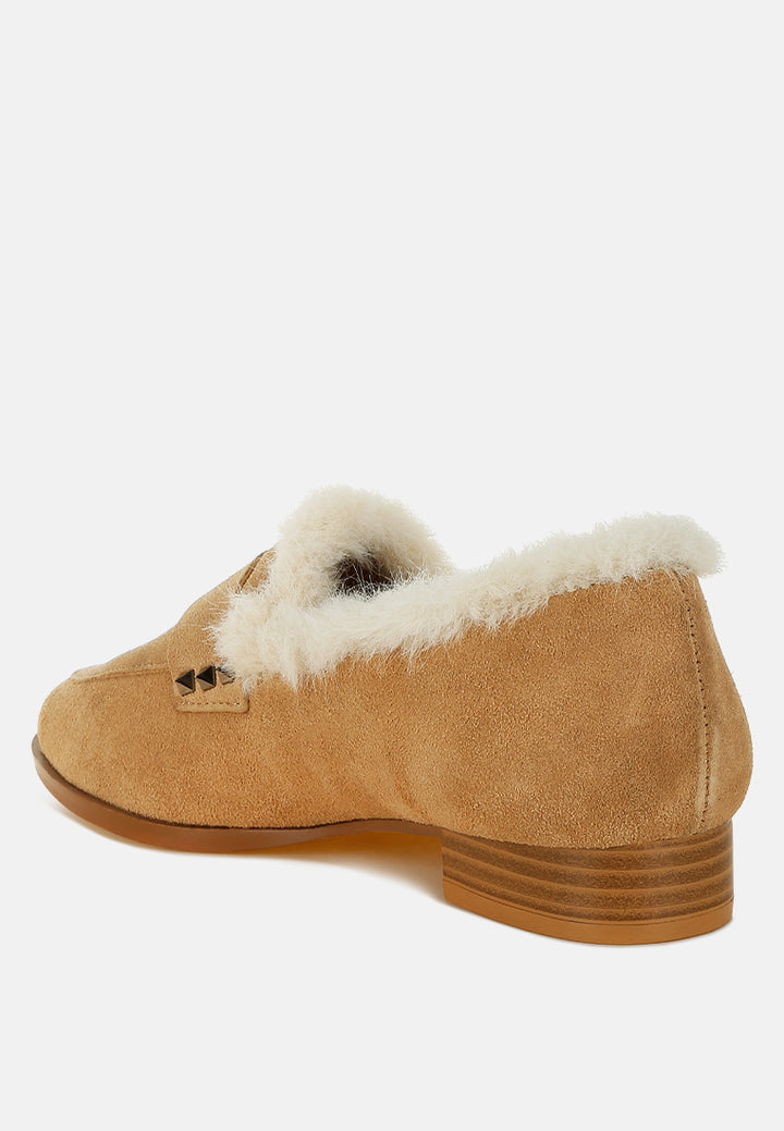 women fur trim suede loafers#color_beige
