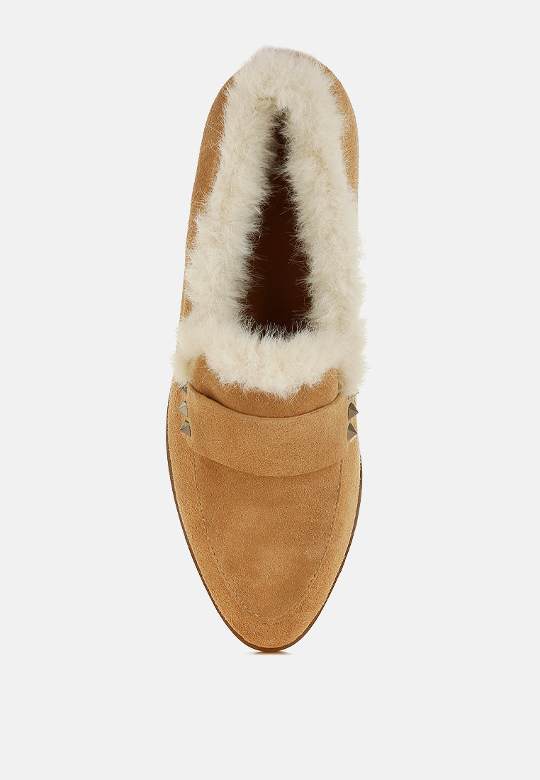 women fur trim suede loafers#color_beige