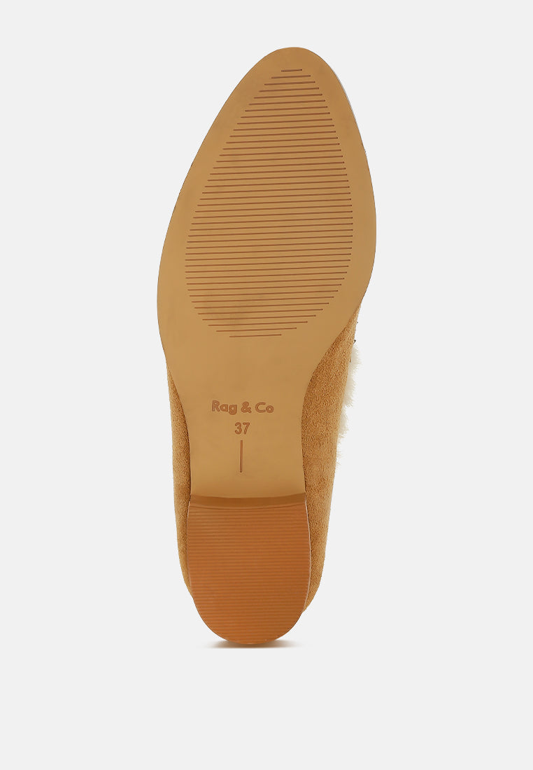 women fur trim suede loafers#color_beige
