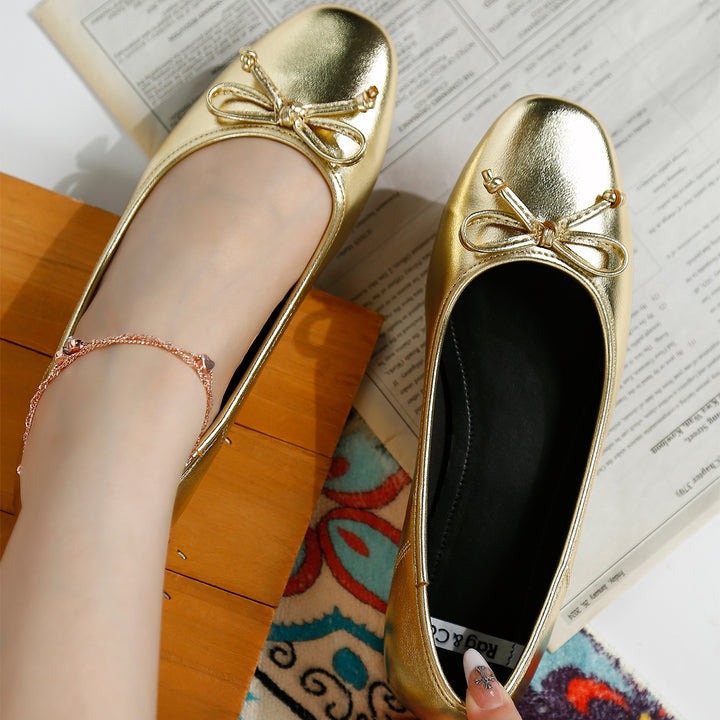 bow detail metallic ballerinas#color_gold