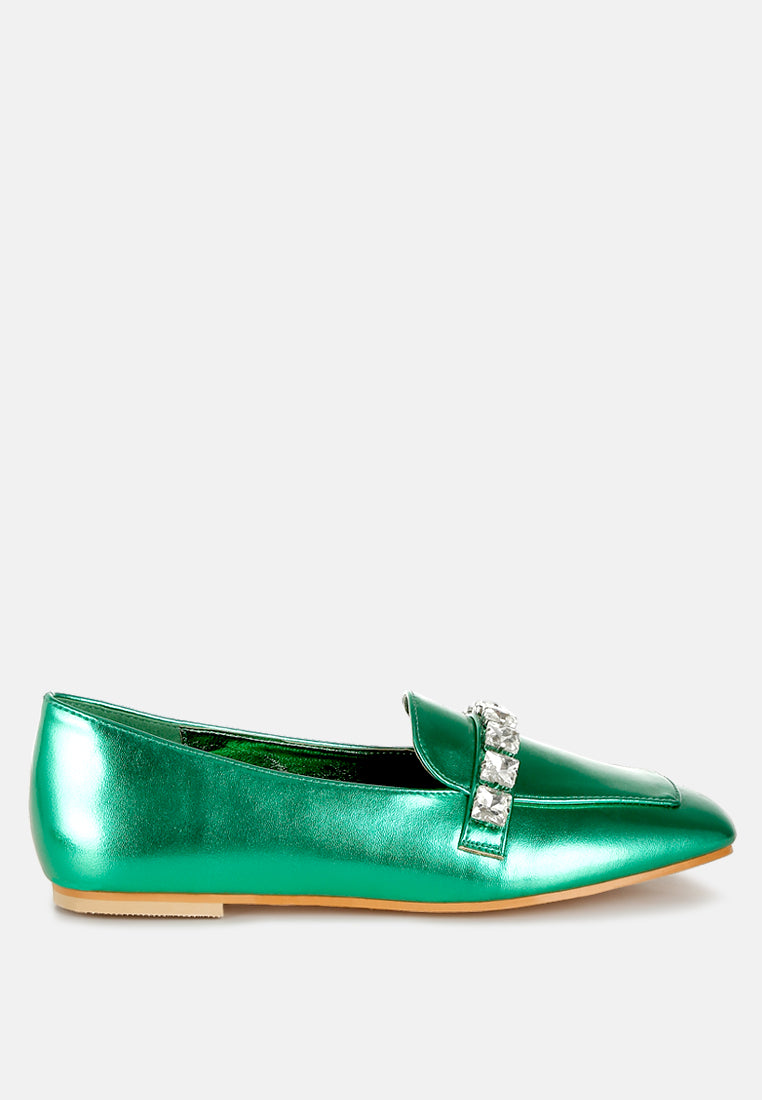women diamante strap metallic loafers#color_green