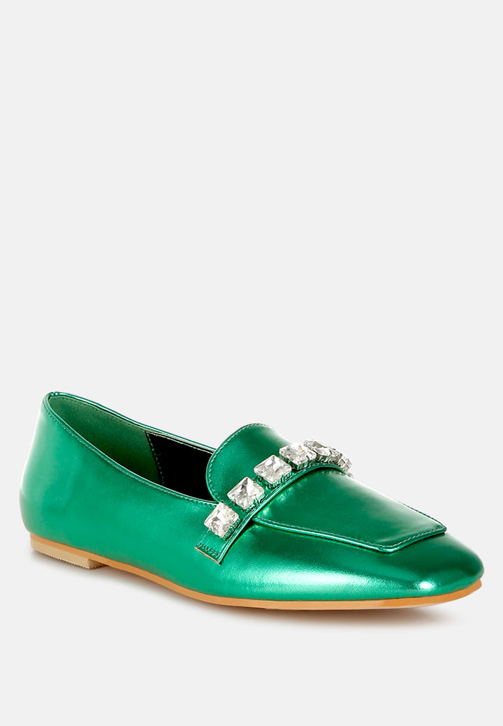 women diamante strap metallic loafers#color_green