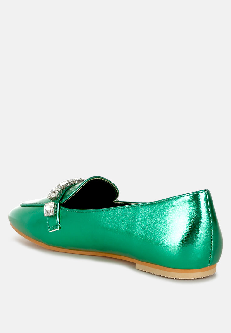 women diamante strap metallic loafers#color_green