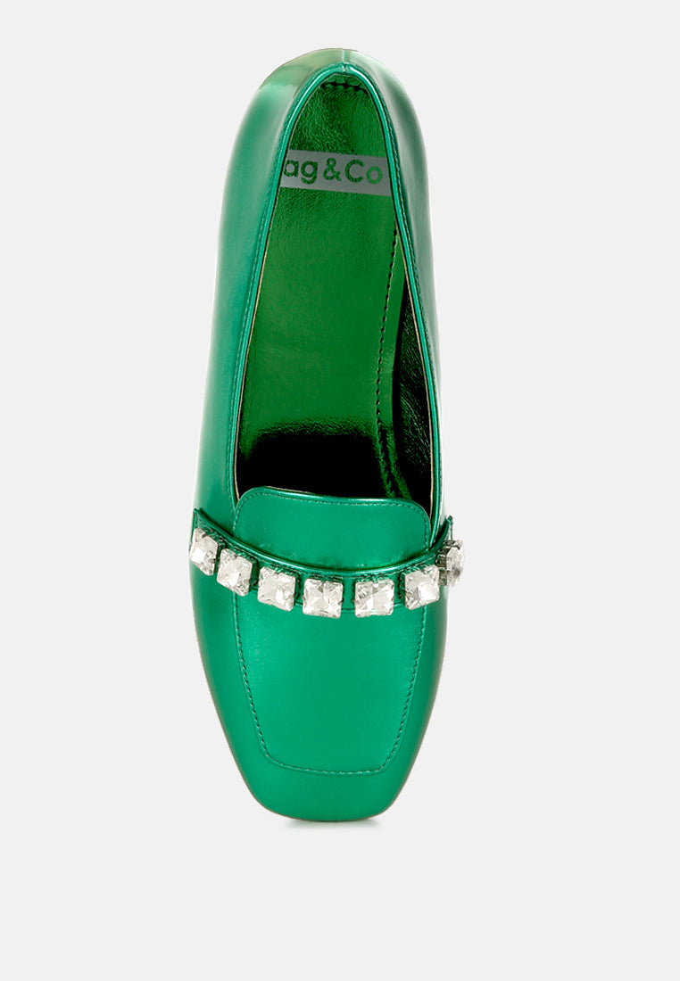 women diamante strap metallic loafers#color_green