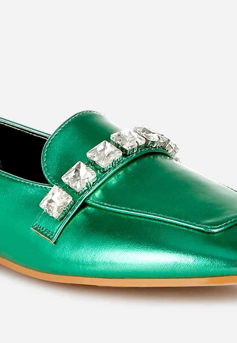 women diamante strap metallic loafers#color_green
