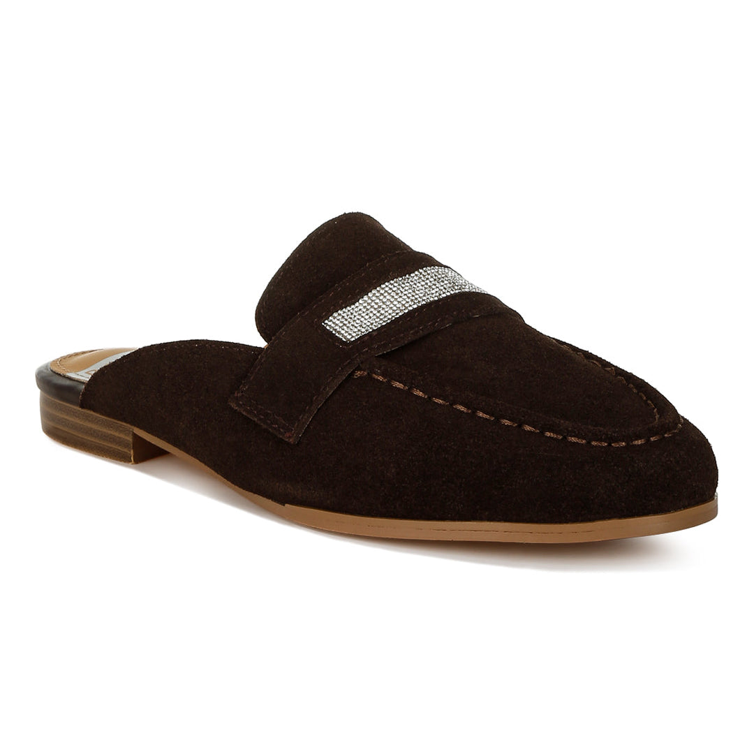 rhinestone strap suede mules#color_brown