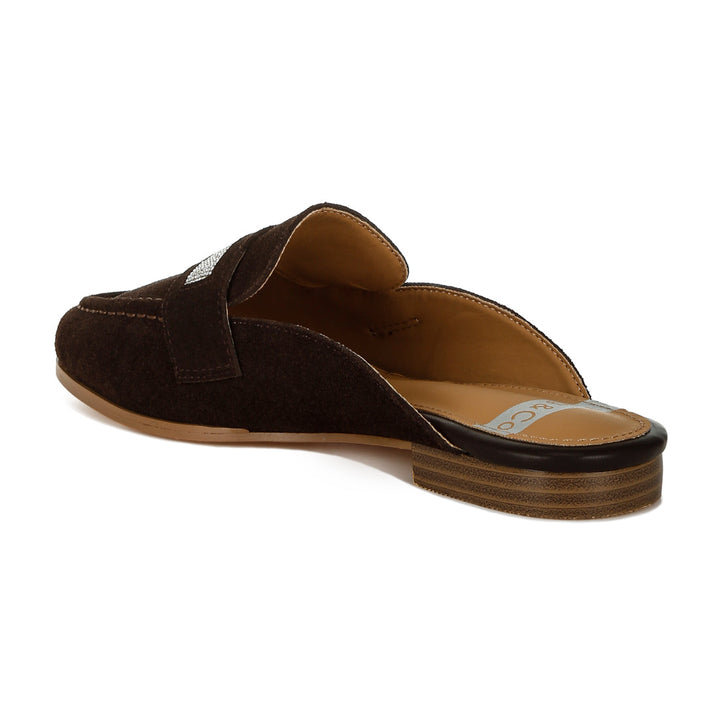 rhinestone strap suede mules#color_brown