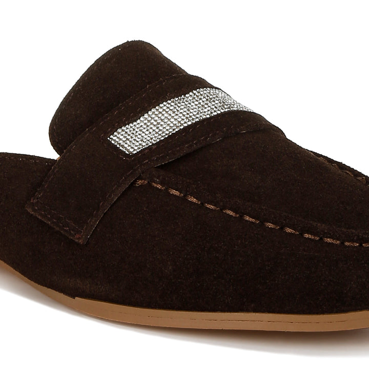 rhinestone strap suede mules#color_brown