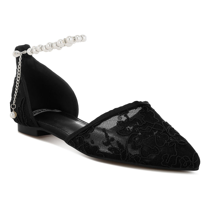 pearl & rhinestone strap flat sandals#color_black