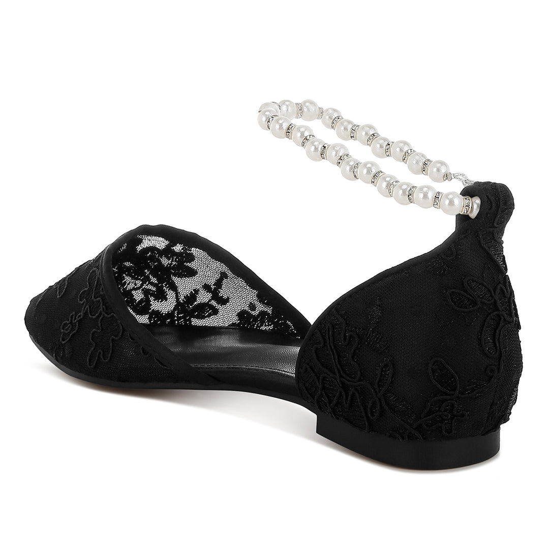pearl & rhinestone strap flat sandals#color_black