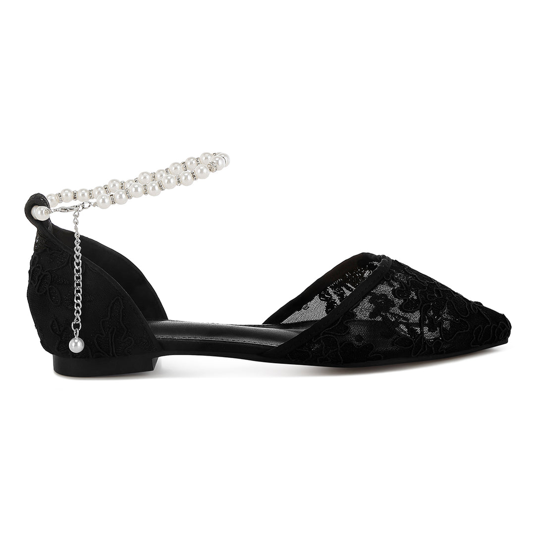 pearl & rhinestone strap flat sandals#color_black