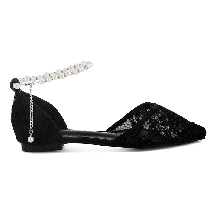 pearl & rhinestone strap flat sandals#color_black