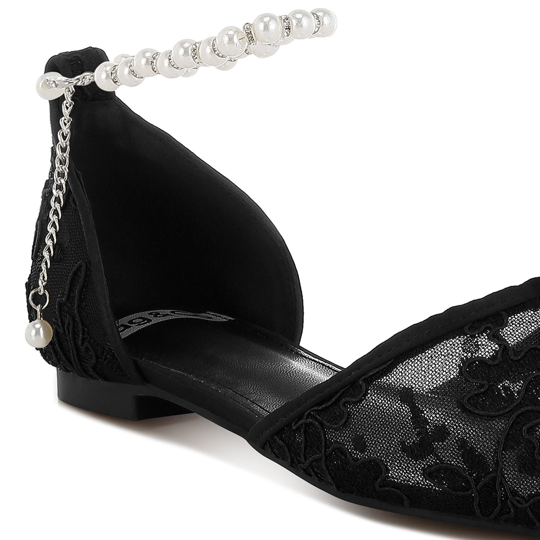 pearl & rhinestone strap flat sandals#color_black