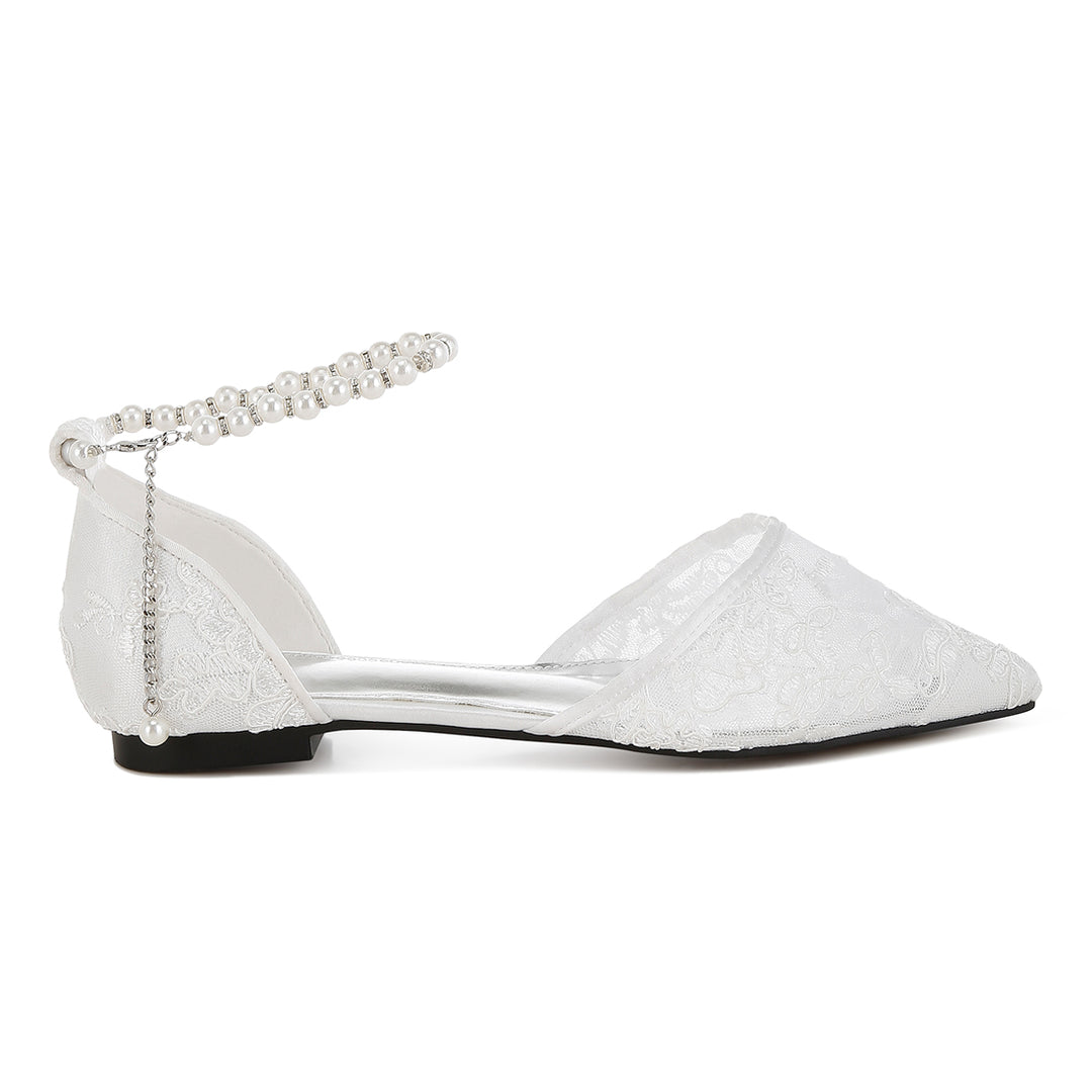 pearl & rhinestone strap flat sandals#color_white