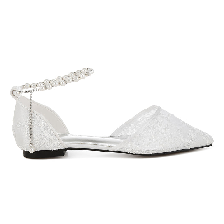 pearl & rhinestone strap flat sandals#color_white