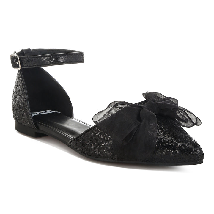 sheer bow detail glitter flat sandals#color_black