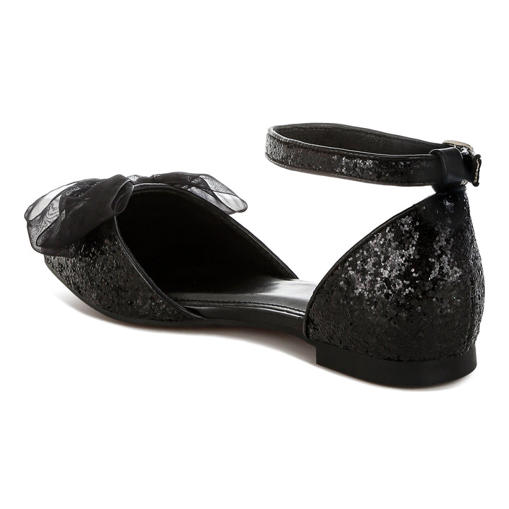 sheer bow detail glitter flat sandals#color_black
