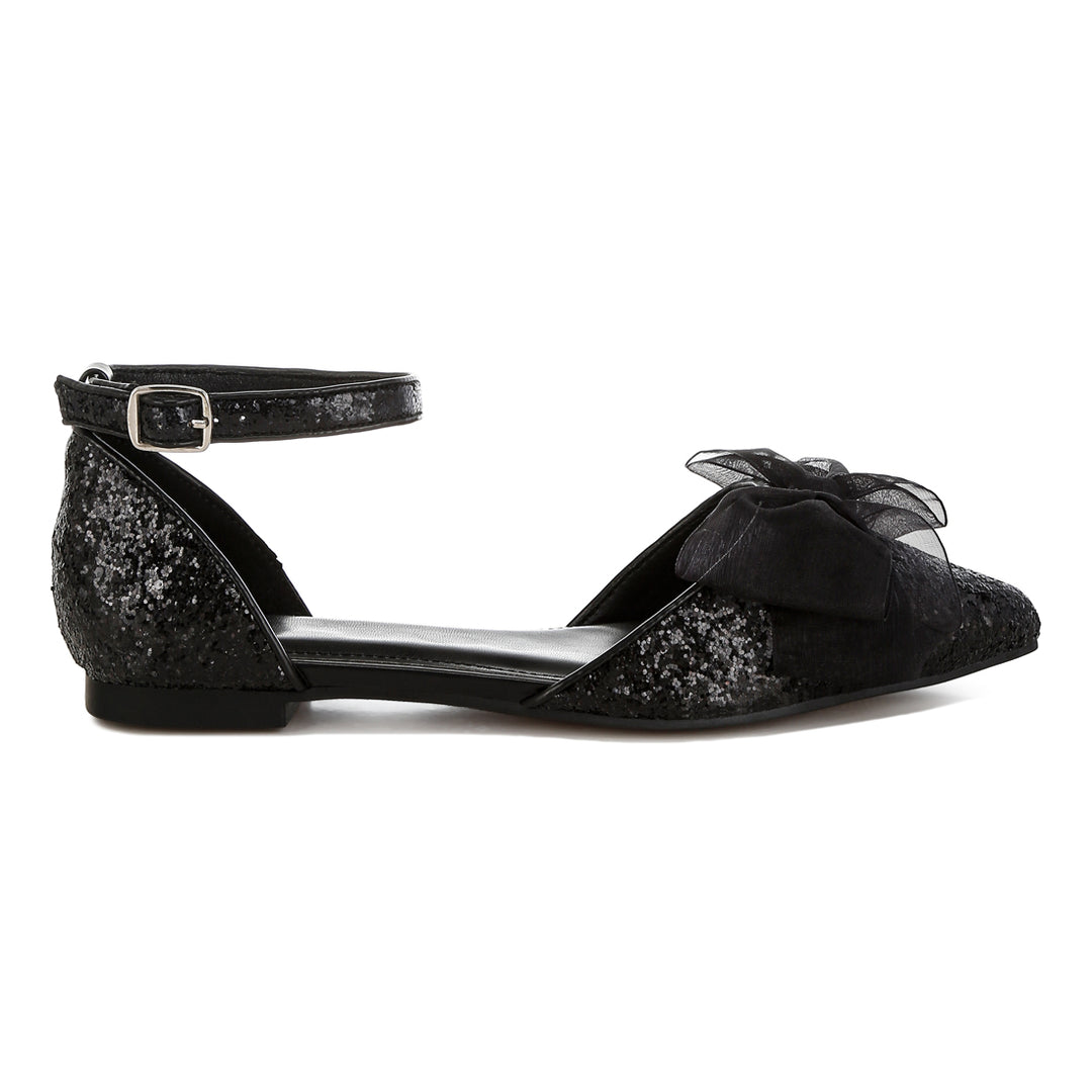 sheer bow detail glitter flat sandals#color_black