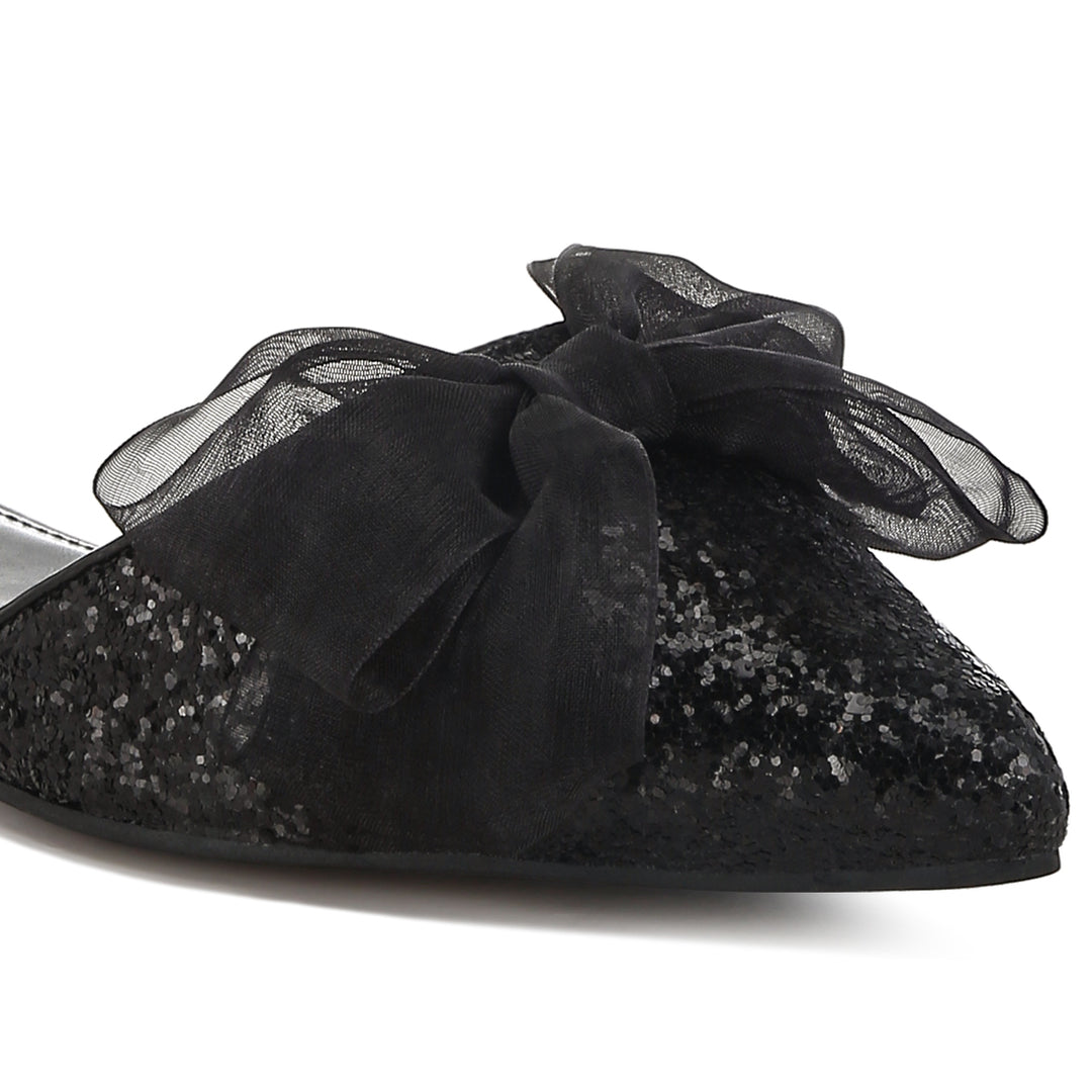 sheer bow detail glitter flat sandals#color_black