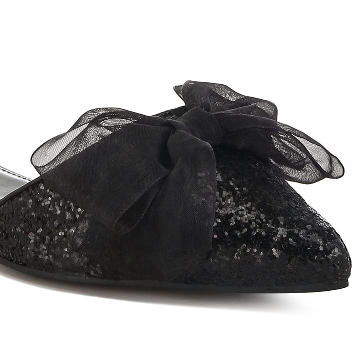 sheer bow detail glitter flat sandals#color_black