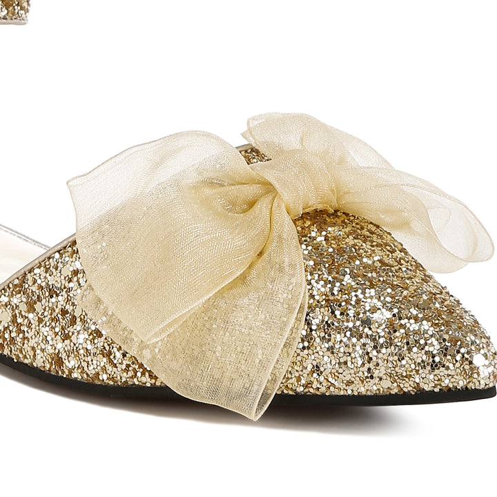 sheer bow detail glitter flat sandals#color_gold