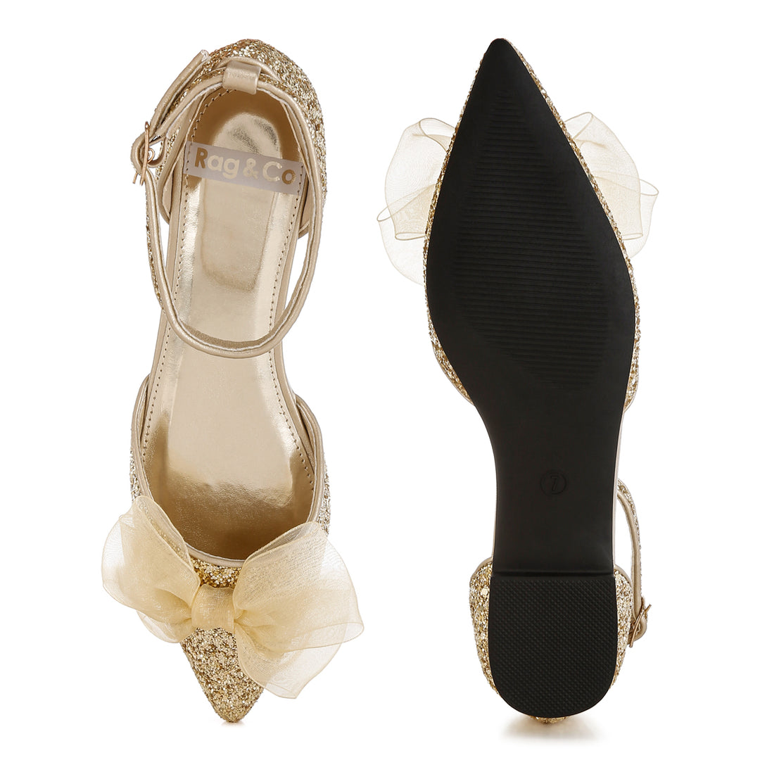 sheer bow detail glitter flat sandals#color_gold