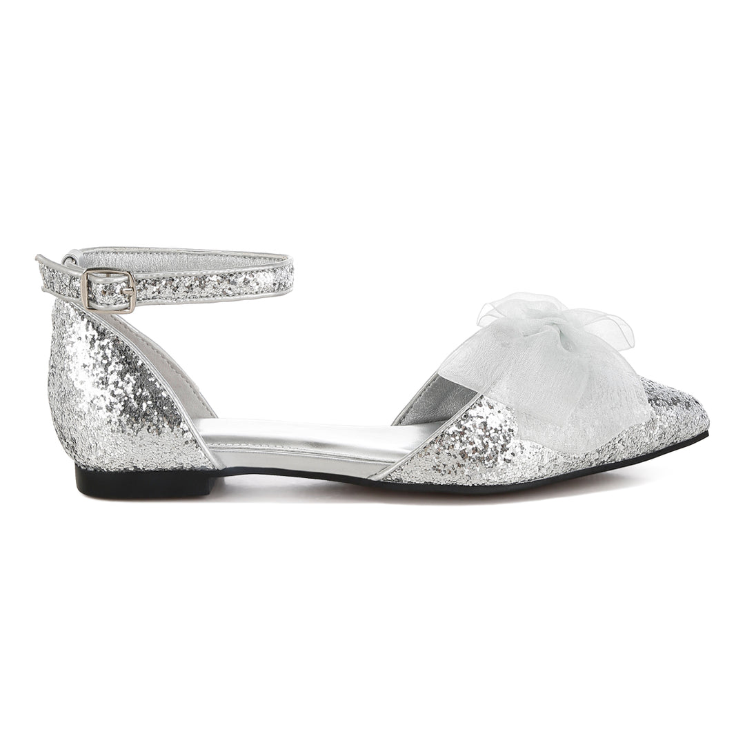 sheer bow detail glitter flat sandals#color_silver