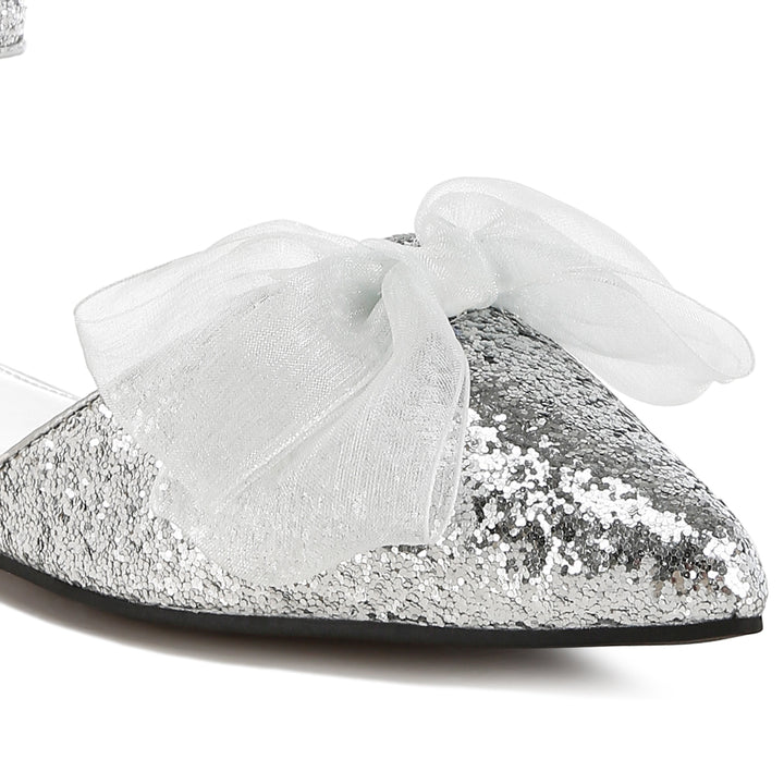 sheer bow detail glitter flat sandals#color_silver