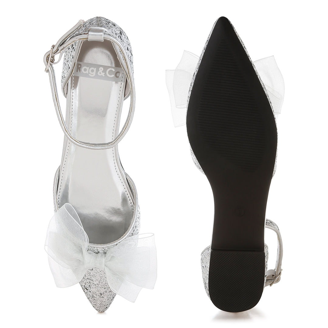 sheer bow detail glitter flat sandals#color_silver