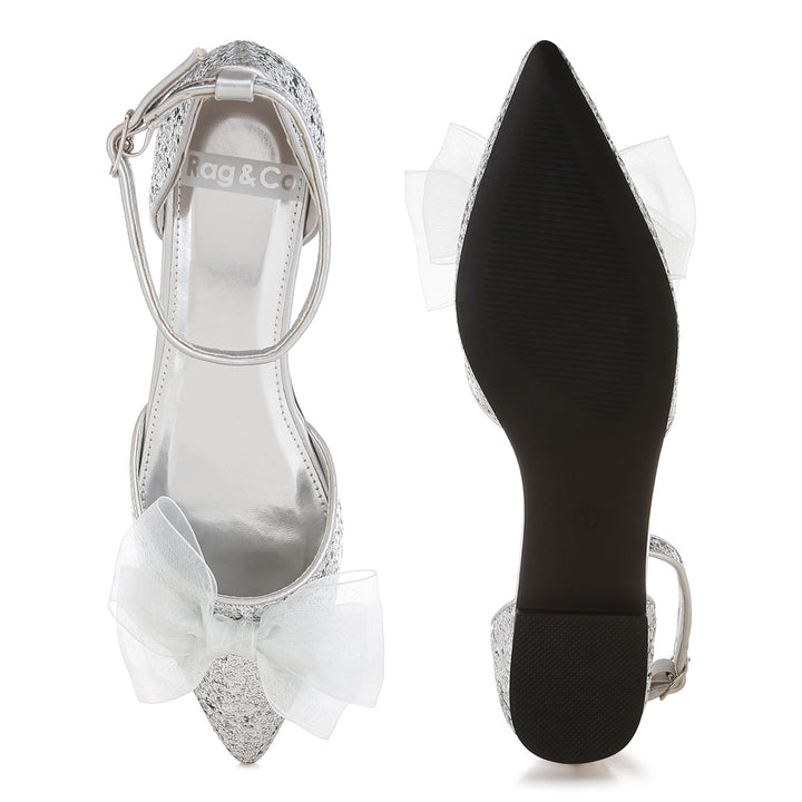 sheer bow detail glitter flat sandals#color_silver