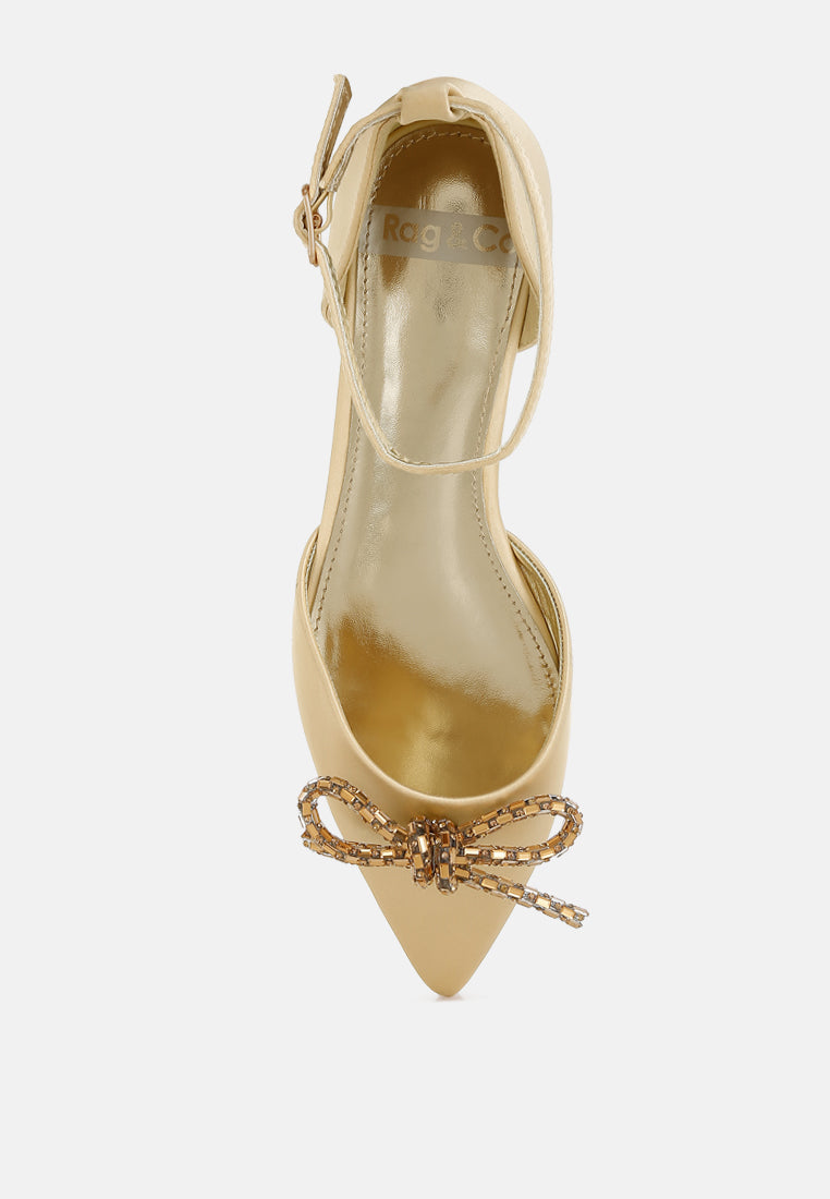 women rhinestone detail bow flat sandals#color_gold