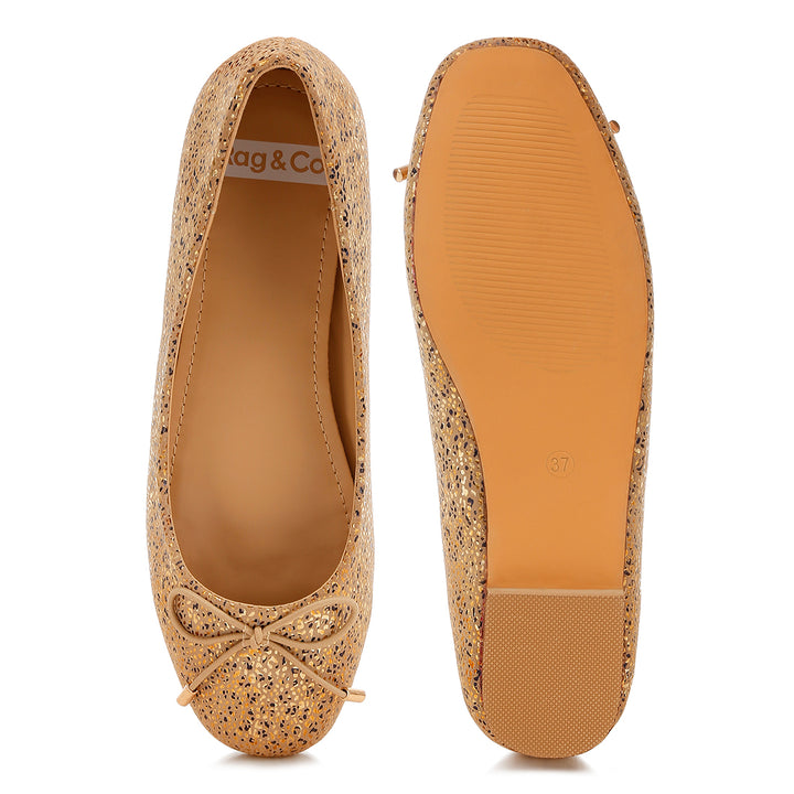 bow detail embossed suede ballerinas#color_gold