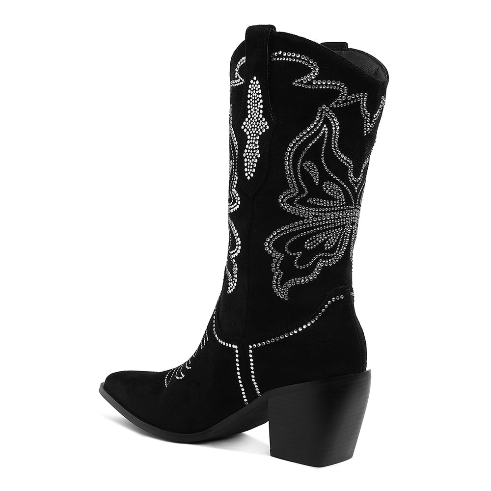 Rhinestones Embellished Cowboy Boots#color_black