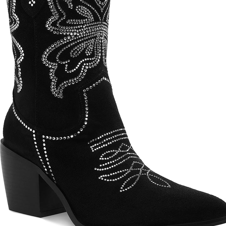 Rhinestones Embellished Cowboy Boots#color_black