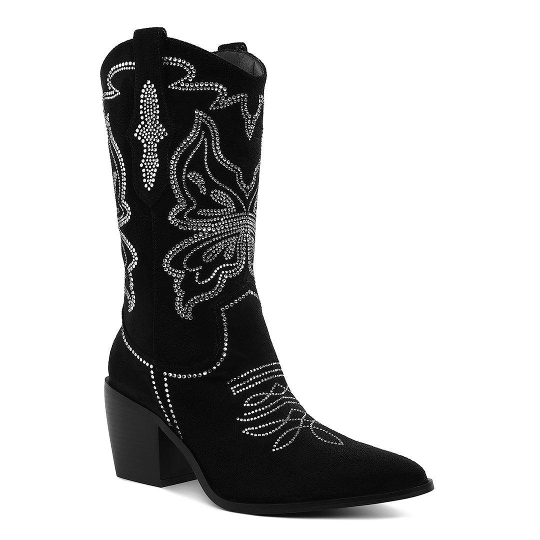 Rhinestones Embellished Cowboy Boots#color_black