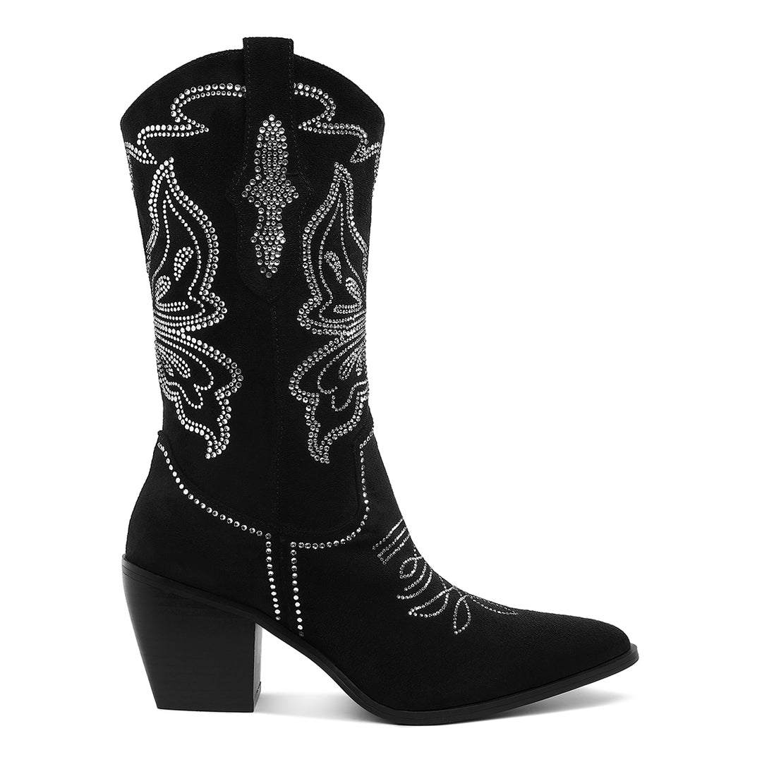 Rhinestones Embellished Cowboy Boots#color_black