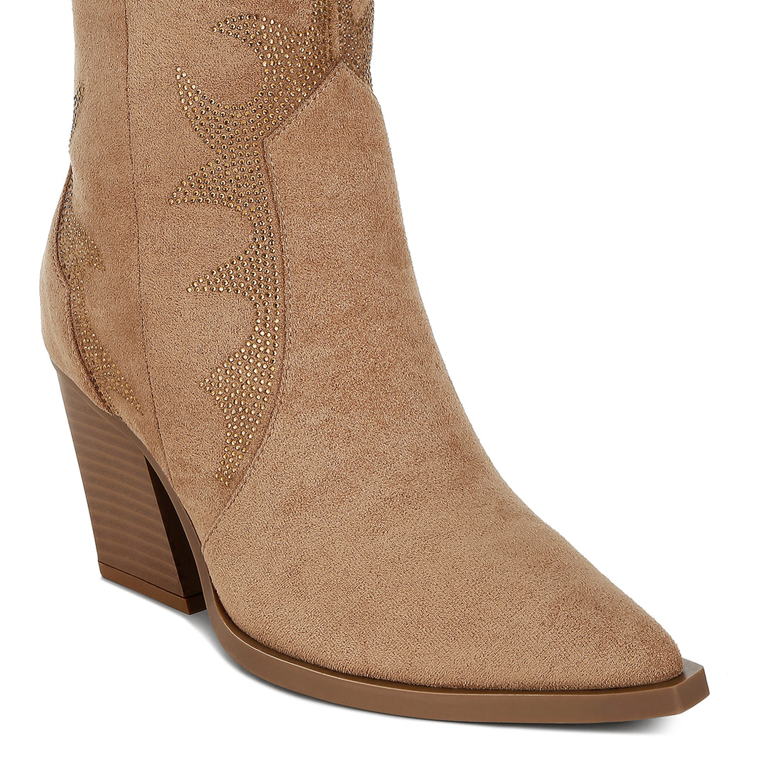 embellished rhinestones calf boots#color_camel