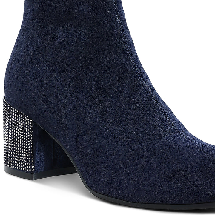 rhinestones embellished block heel boots#color_navy