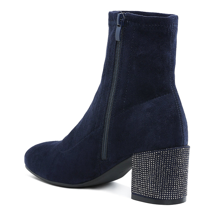 rhinestones embellished block heel boots#color_navy