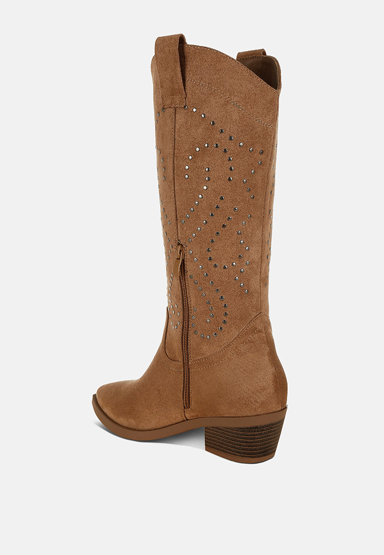 women studs embellished cowboy boots#color_camel