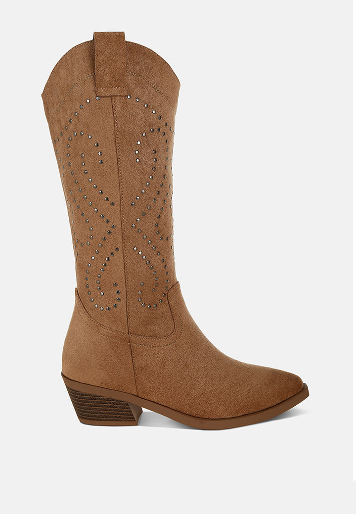 women studs embellished cowboy boots#color_camel